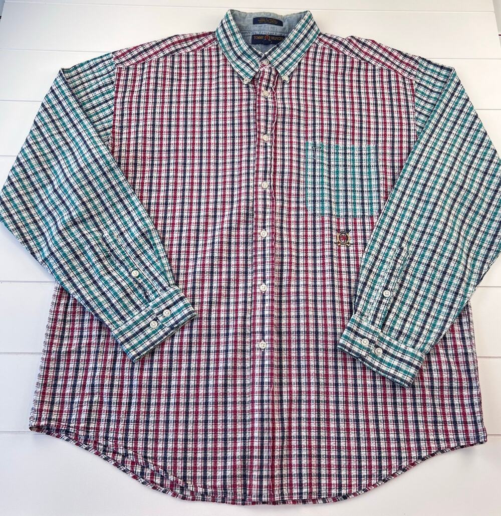 Tommy Hilfiger Golf Vintage Men's Color Block Long Sleeve Button Down Shirt XL